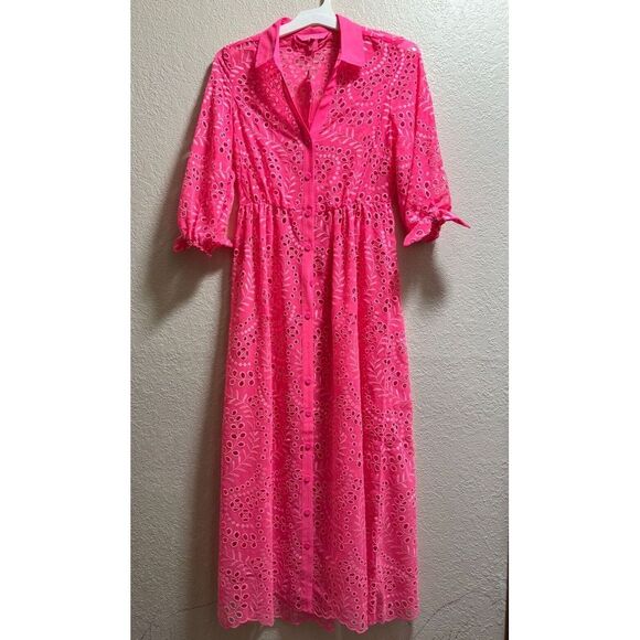 Lilly Pulitzer Amrita Midi Dress Swirly Fern Scallop Eyelet Pink Size 0 NWT